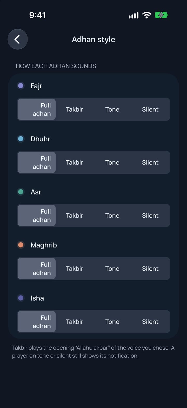 Choosing how each adhan sounds: full adhan, takbir, tone or silent