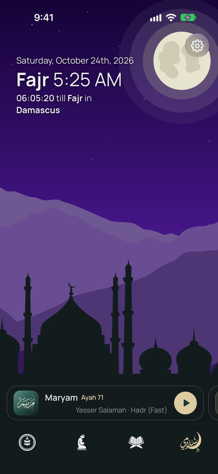 Islamy home screen showing the next prayer with a live countdown