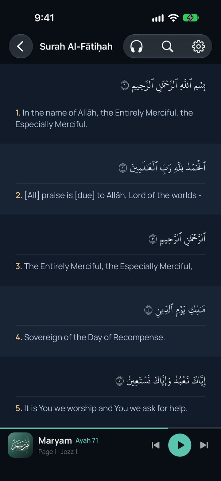 Al-Fatihah with the English translation beneath each ayah