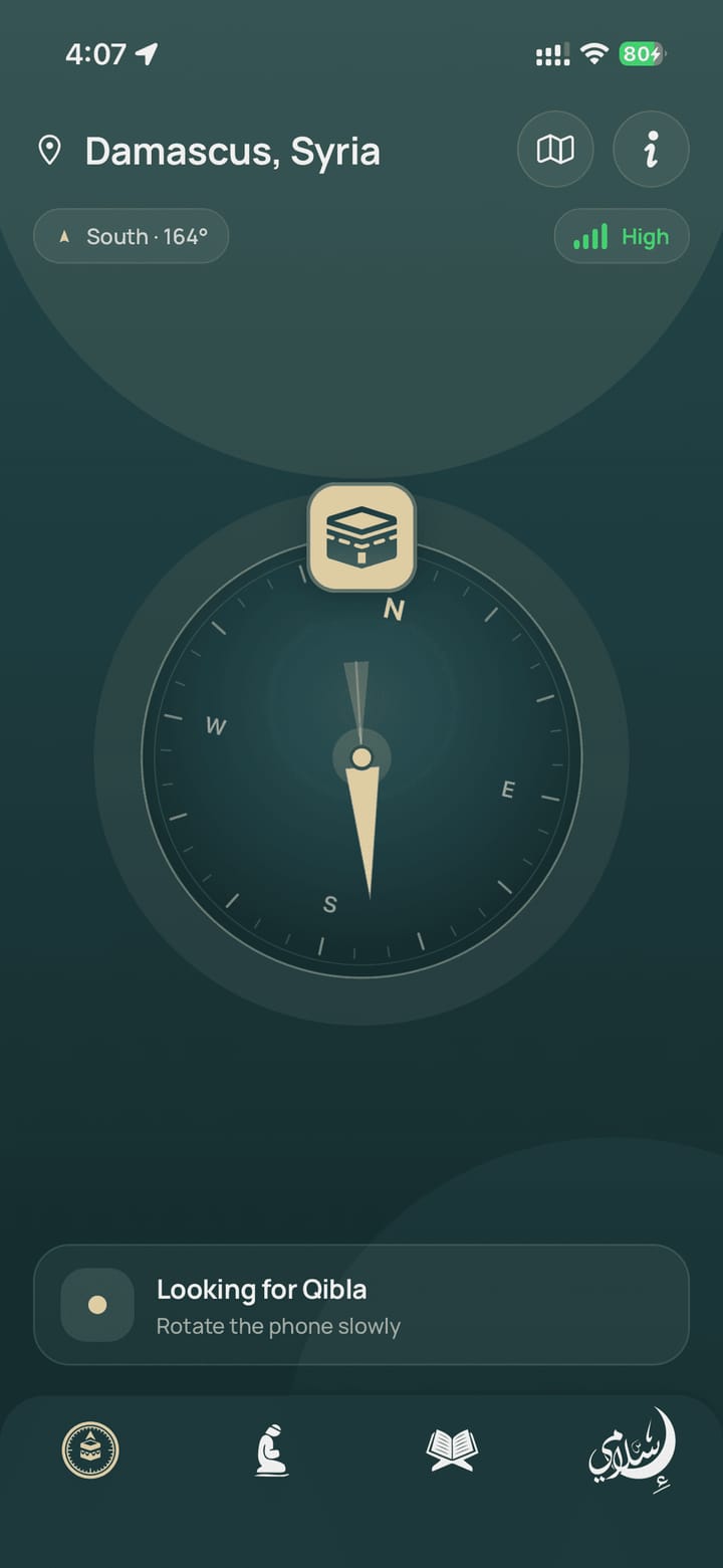 The Qibla compass pointing towards the Kaaba